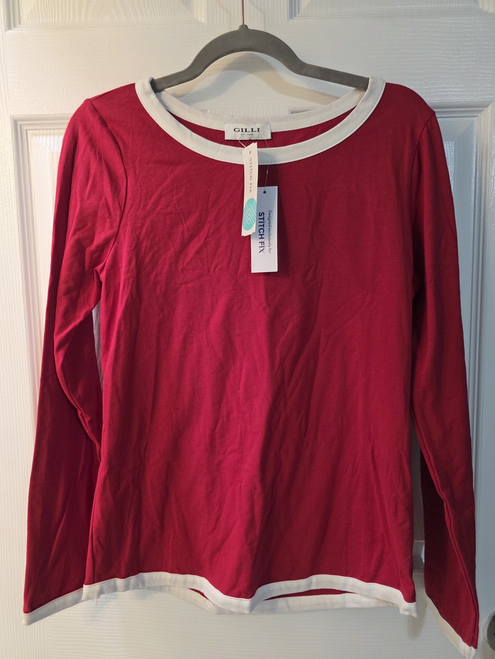 Stitch Fix Gilli Red Long-Sleeve Crewneck Top with White Trim XL